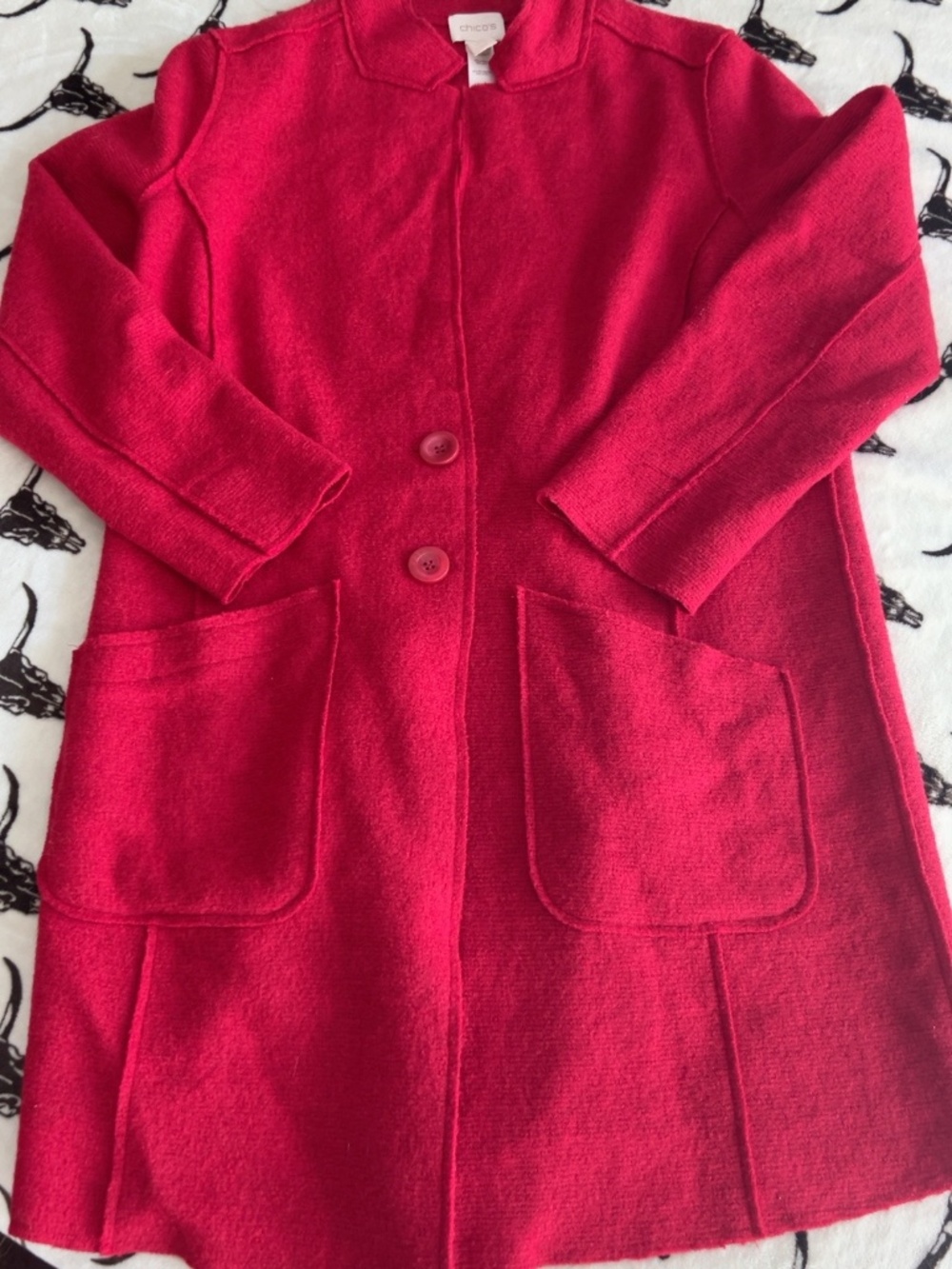 Chico’s Red Wool Blend Long Sweater Coat Size 2 (L) Button Cardigan